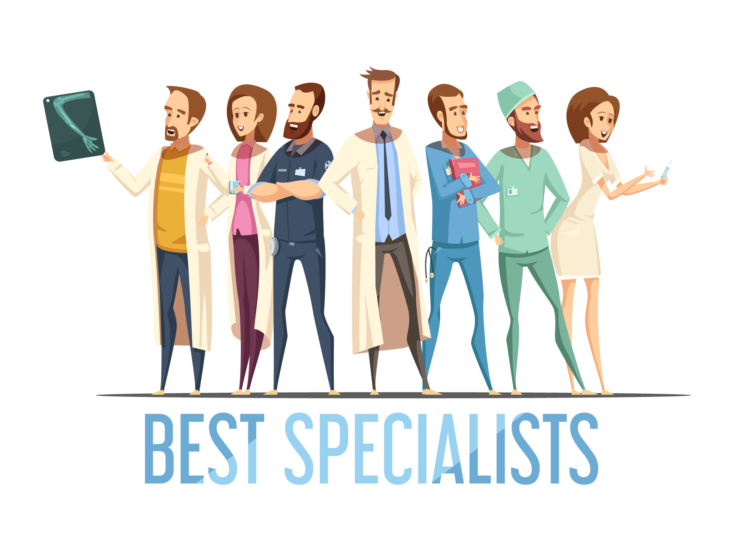 Best medical specialists design with smiling doctors and nurses in various poses cartoon retro style vector illustration